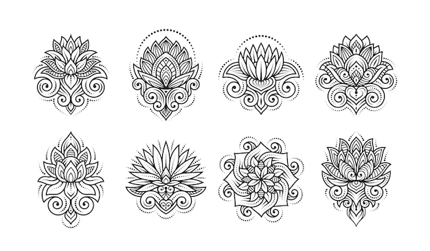 Lotus-Tattoo-Design Kreative böhmische Lotos-Blumen-Tattoos, moderne Zen-Mandala-Ornamente, kunstvolle Henna-Zeichnungsvorlagen, ordentliches Vektor-Blumendesign der kreativen Illustration des Tattoo-Lotus