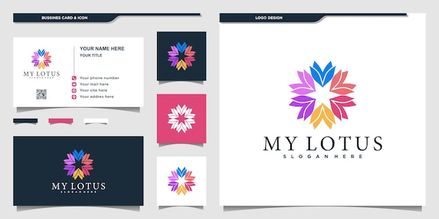 Lotusblumenlogo mit buntem stil und visitenkartendesign premium-vektor