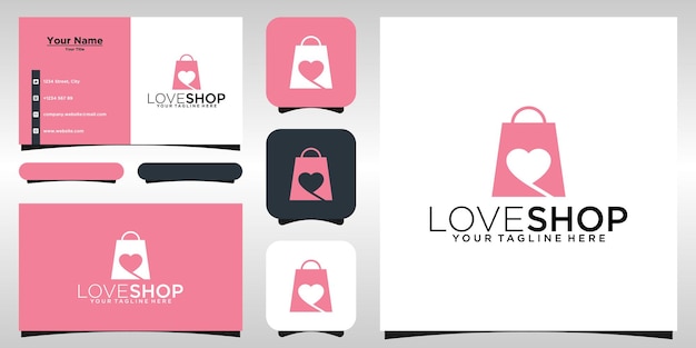 Love shop logo designs vorlage, tasche kombiniert mit herzkonzept für logo- und visitenkartendesign