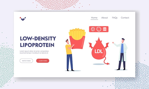 Low density lipoprotein landing page vorlage. doktorcharakter erklärt einem kleinen patienten die gefahr von schlechtem cholesterin mit einer riesigen fast-food-box. ldl devil fat drop. cartoon-menschen-vektor-illustration