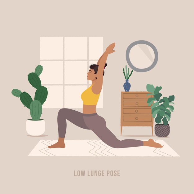 Low lunge pose junge frau, die yoga-pose praktiziert