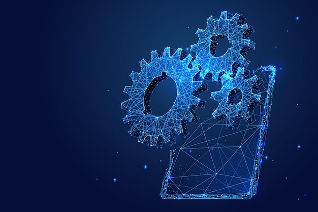 Low-Poly-Getriebe. Technologie 3D-Industriehintergrund. Abstraktes blaues Design