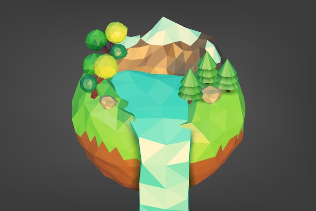 Low poly isometrische schwimmende insel, niedriger polygonaler stil, vektorillustration