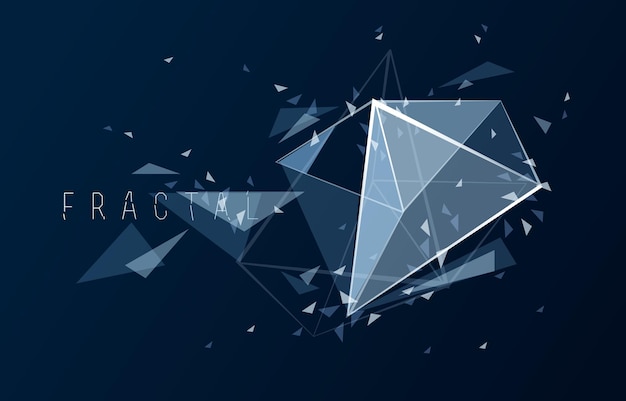 Low-Poly-Partikel abstrakter Vektorhintergrund, polygonales Fraktaldesign, 3D-dimensionales Element mit verbundenen Linien, Mesh-Objekttechnologie und Wissenschaftsthema.