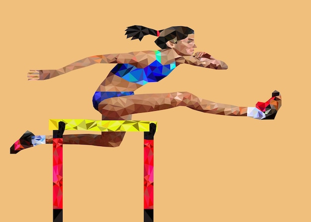 Vektor low-poly-style athlet mitten auf der straße 110m hindernisse rennen hürden olympiade und champion
