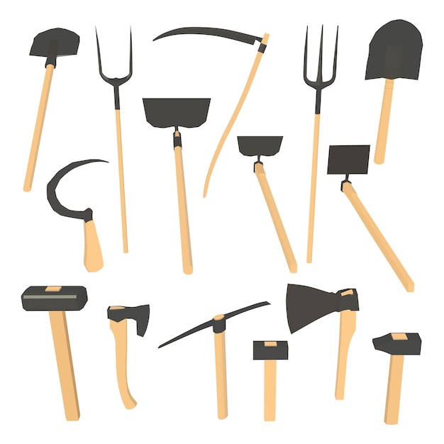 Low-Poly-Werkzeugpaket, Vorschlaghammer, Hammer, Axt, Rechen, Sichel, Sense, Mistgabel, Hacke, Hacke