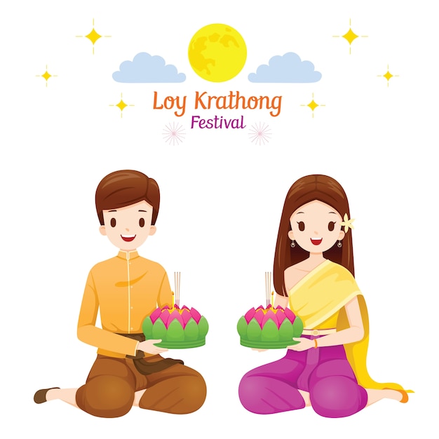 Loy krathong festival, paar in traditioneller thailändischer kleidung, nationales kostüm, feier und kultur thailands