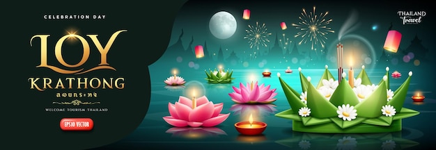 Loy Krathong Festival Thailand Krathong aus wunderschönen Bananenblättern Feuerwerk Vollmond