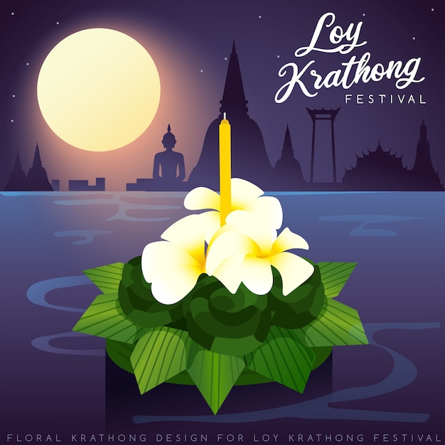 Vektor loy krathong, traditionelles thailändisches festival mit vollmond-, pagoden- und tempelhintergrund