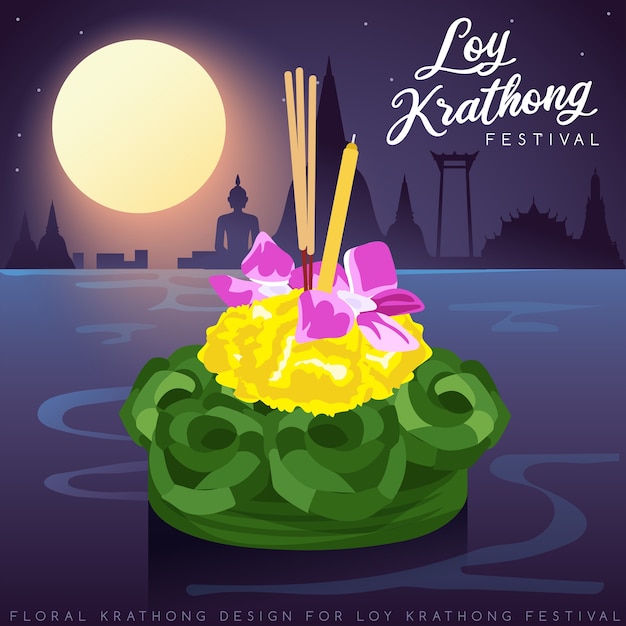 Loy krathong, traditionelles thailändisches festival mit vollmond-, pagoden- und tempelhintergrund