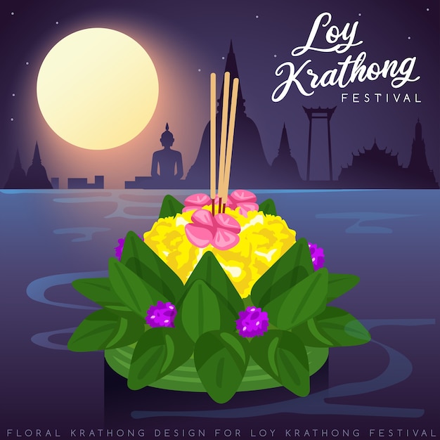 Loy krathong, traditionelles thailändisches festival mit vollmond-, pagoden- und tempelhintergrund