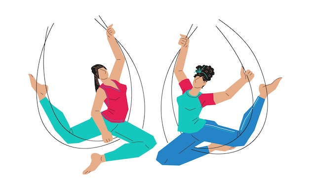 Vektor luft- oder fliegen-yoga in leinwand-hängematten training und fitness-praxis frauen machen akrobatische posen oder asana auf luft-hängematten für yoga flache vektor-illustration isoliert auf weißem hintergrund