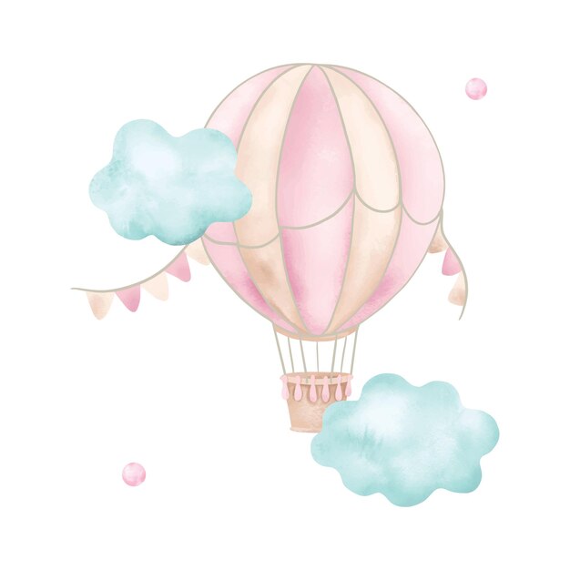 Vektor luftballonflaggen, wolken, aquarellkarten, einladungen, raumdesign, decken im cartoon-stil