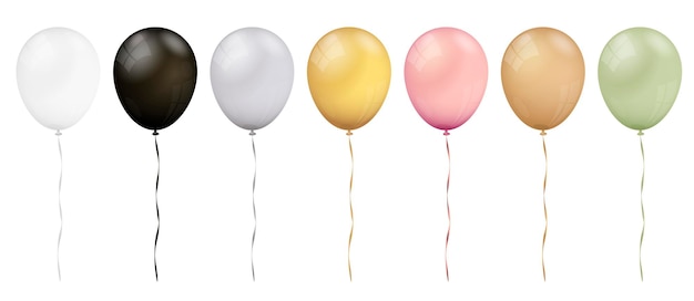 Vektor luftballons in weiß, schwarz, silber, gold, rosa, braun und khaki, isoliert