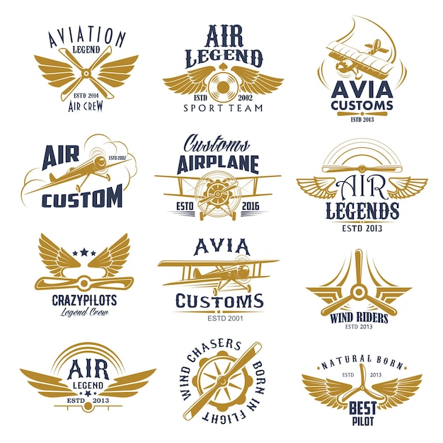 Luftfahrt-Flugzeug-Legenden-Team-Vektor-Retro-Symbole