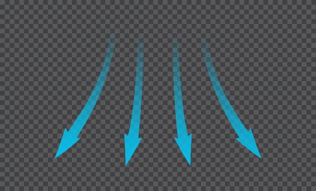 Luftstrom blaue pfeile zeigen die richtung der luftbewegung windrichtungspfeile blauer kalter frischer strom aus der klimaanlage vektordarstellung isoliert auf transparentem hintergrund