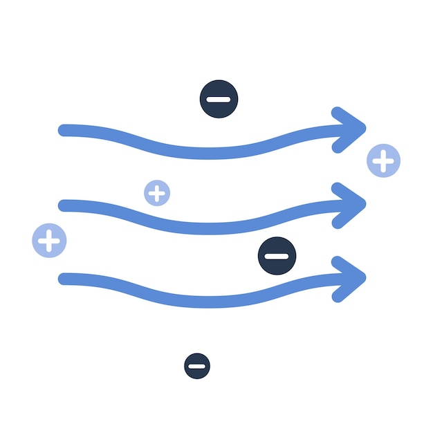 Vektor luftstrom-symbol luftströme mit geladenen partikeln, positiven und negativen ionen