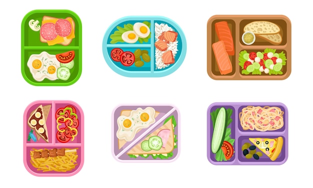 Lunchbox-Behälter mit hellem Inhalt, Blick von oben Lunch-Konzepte Geschmackvoller Snack in Plastikkästen, um während der Pause zu essen