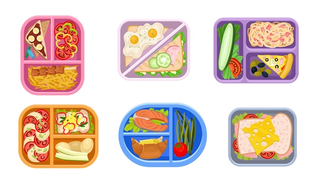 Lunchbox-Behälter mit hellem Inhalt, Blick von oben Lunch-Konzepte Geschmackvoller Snack in Plastikkästen, um während der Pause zu essen