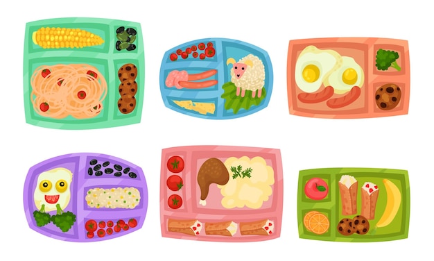 Lunchbox mit verschiedenen Lebensmitteln Inside Vector Set Top Viewed Containers with Meal Collection