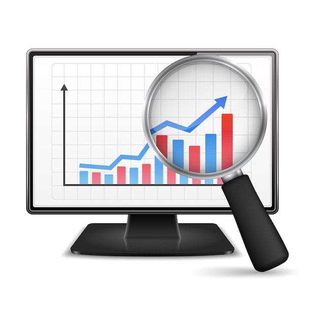 Vektor lupe mit ansteigendem balkendiagramm mit pfeil auf dem bildschirm der computermonitor-vektorillustration eps10