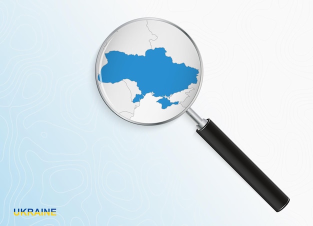 Lupe mit karte der ukraine auf abstraktem topografischem hintergrund.