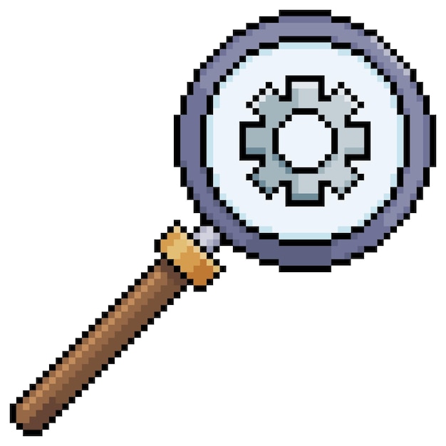 Lupe und Ausrüstung für Pixelkunst. Einstellungsanalyse-Vektorsymbol für 8-Bit-Spiel auf weißem Hintergrund