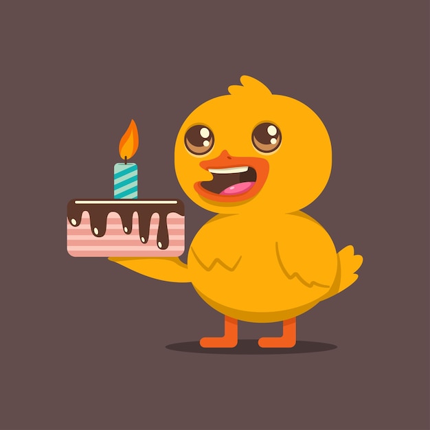 Lustige baby-ente mit kuchen und kerze vektor-cartoon-vogel-figur auf hintergrund isoliert happy birthday concept illustration