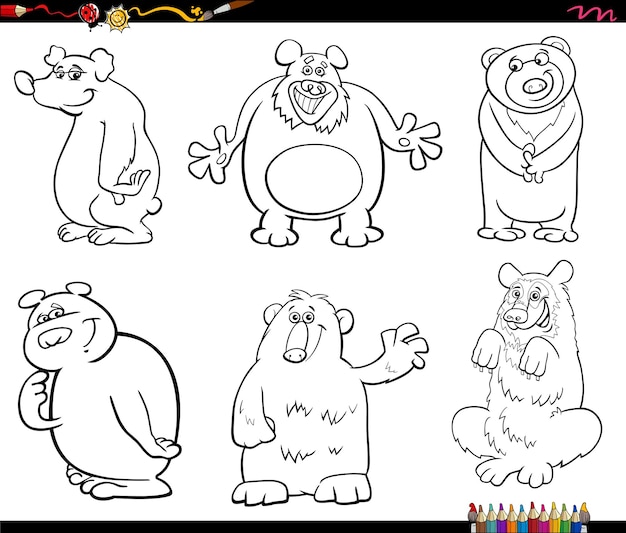 Lustige cartoon bären tierfiguren set malvorlagen