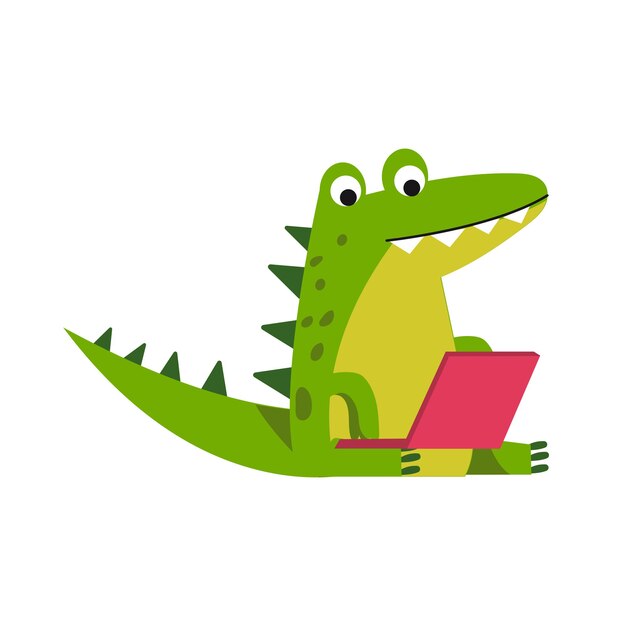 Lustige Cartoon-Krokodilfigur sitzt mit Laptop-Vektor-Illustration isoliert auf weißem Hintergrund