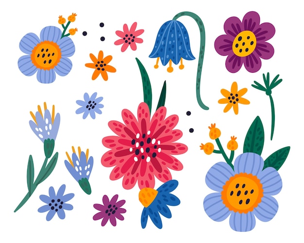 Vektor lustige cartoonblumen doodle blühende pflanzen feld- oder gartenblüten wiese niedliche gänseblümchen und bluebell kinder zeichnen isolierte blumenknospen und blätter vektor botanische elemente satz