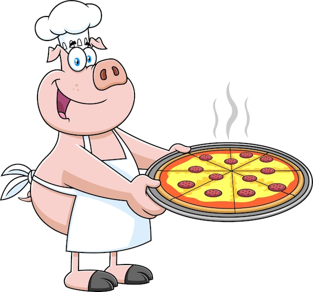 Lustige chef-schwein-karikatur-maskottchen-figur, die eine große peperoni-pizza hält