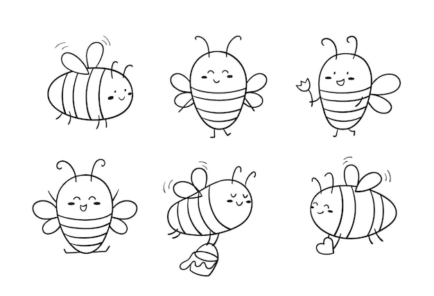 Lustige doodle-skizze süße bienen handgezeichnetes fliegendes insekt lineare vektorgrafik