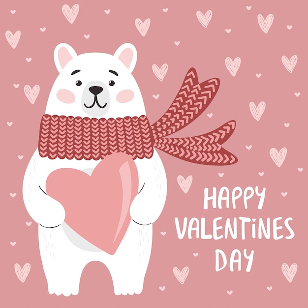 Lustige Eisbär mit Herz Glücklicher Valentinstag Karte Vektor-Illustration