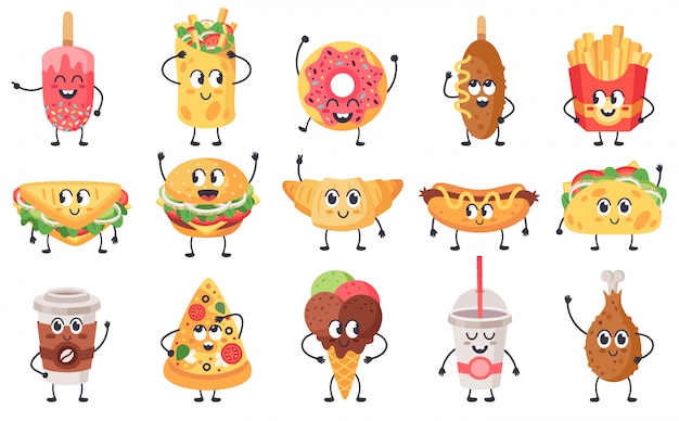 Lustige Essensmaskottchen. Nettes Gekritzel-Junk-Food-Maskottchen, Fast Food mit Gesichtern, fröhlicher Cheeseburger, Pizza und Croissant-Illustrationsikonen eingestellt. Sandwich und Snack mit Gesicht niedlichen, ungesunden Mahlzeit