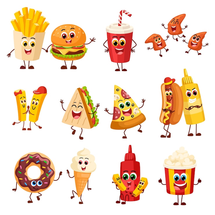 Vektor lustige fast-food-figuren fröhliches snack-sandwich und getränk isolierter burger-dessert und eiscreme pizzascheibe und kartoffelstöcke grelle vektor-cliparts