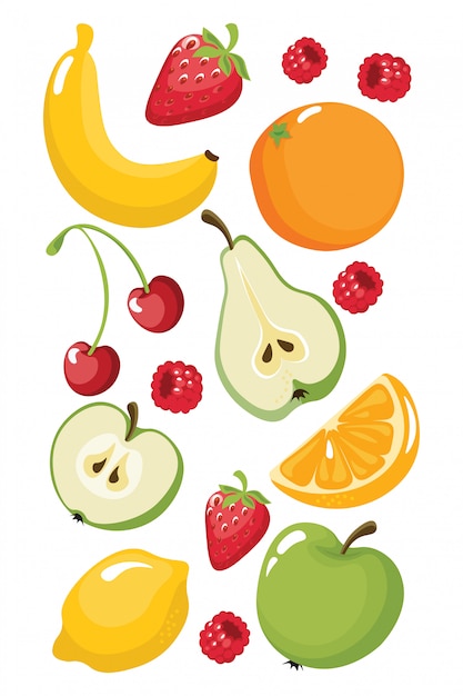 Lustige Früchte Banane, Orange, Erdbeere, Apfel, Birne, Zitrone, Kirsche, Himbeeren. Saftiges Essen