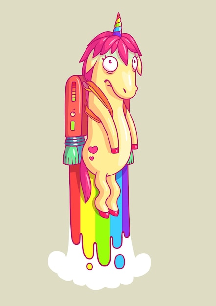 Lustige handgezeichnete Illustration eines armen Einhorns, das mit einem Jetpack-Regenbogenvektor ins All gestartet wurde