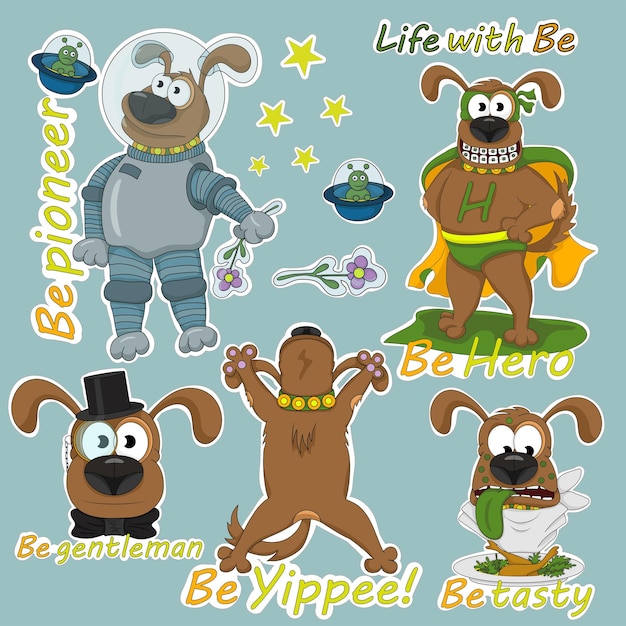 Lustige Illustrationen aus dem Leben eines fröhlichen Hundes namens Be Two