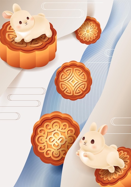 Vektor lustige kaninchen springen auf gebackenen mondkuchen traditionelles chinesisches mid autumn festival banner für den urlaub