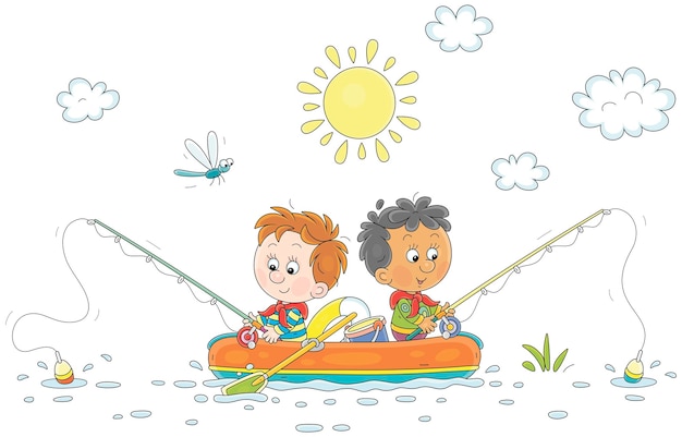 Lustige kleine Jungen schwimmen in einem aufblasbaren Boot mit Angeln und fangen Fische in einem kleinen La