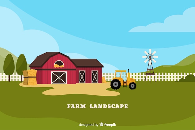 Lustige Landschaft mit Bauernhof Vektor-Cartoon-Illustration