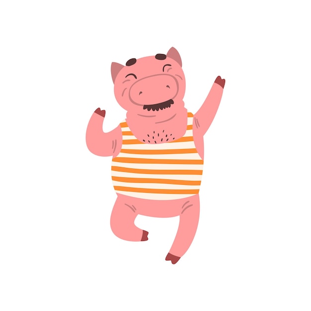 Lustige männliche schweine, die sich amüsieren, farmtiere, zeichentrickfigur, sprungvektor, illustration isoliert auf weißem hintergrund
