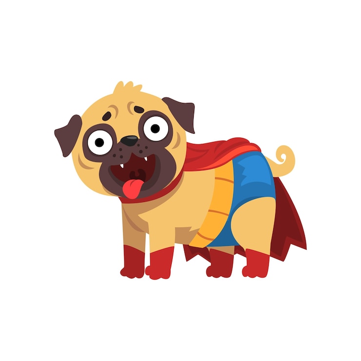 Vektor lustige mops-hundefigur in einem superhelden-kostüm, lustiger hund in roter umhang-rotvektorillustration lokalisiert auf einem weißen hintergrund.