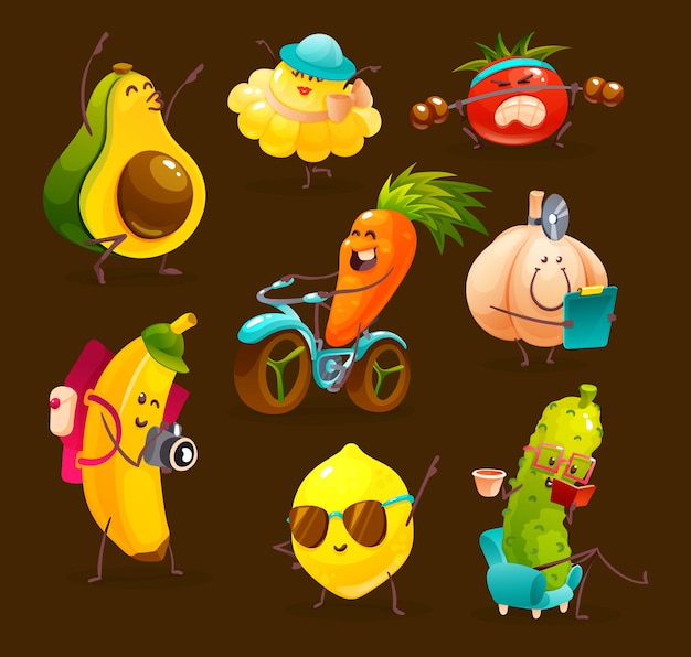 Lustige Obst- und Gemüse-Cartoon-Figur, Gemüse und Obst treiben Sport, fahren Fahrrad