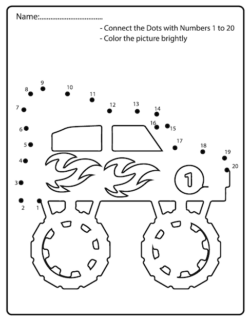 Lustige offroad von monster truck punkt-zu-punkt-malvorlagen arbeitsblätter für kleinkinder