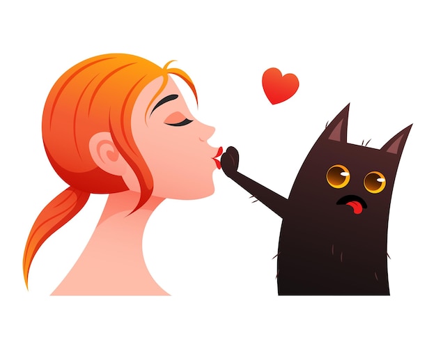 Lustige schwarze katze stößt küssenden fraubesitzer und seine schwarze katze weg. vektorillustration für lustige postkarten
