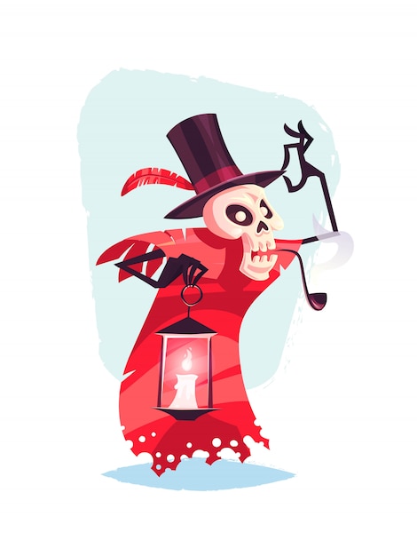 Lustige skelettfigur mit lampe in der hand karikatur halloween illustration