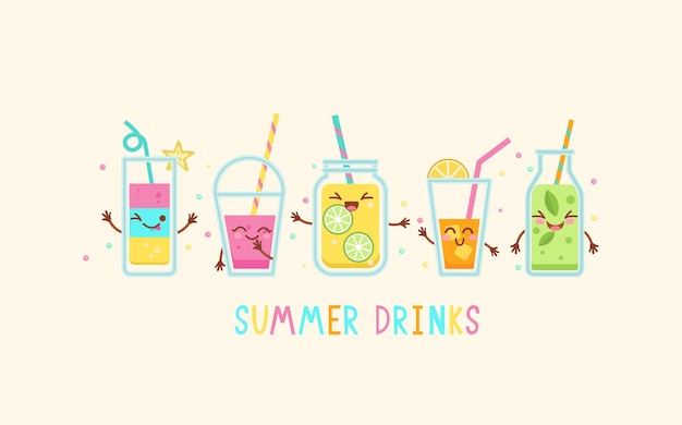 Lustige sommergetränkecharakterekawaii lächelnde limonade und sodakaffeesmoothiejuiceshakedetox