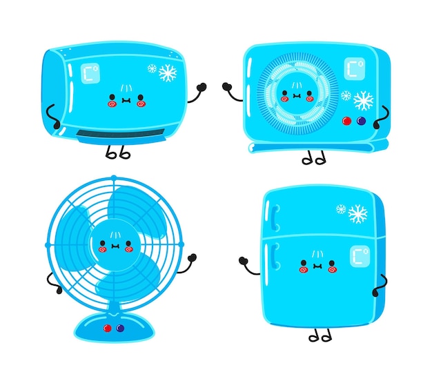 Lustige süße glückliche klimaanlage kühlschrank ventilator charaktere bundle set